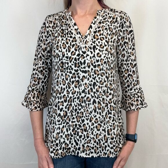 Maurices Womens Animal Print 3/4 Length Sleeve Blouse S SM Small Cream Tan Black - Picture 1 of 14
